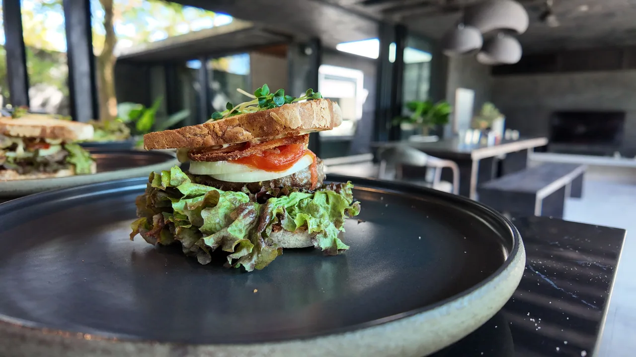 A sandwich with lettuce, tomato and cucumber on a dark plate